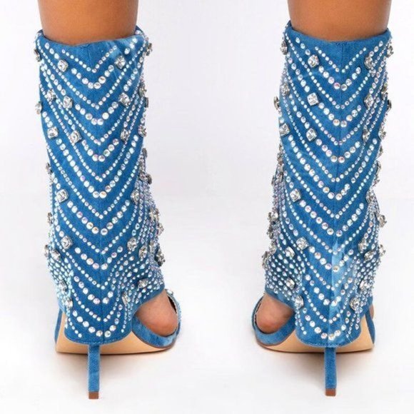 Callie Denim Diamond Drape: Bling Rhinestone Covered Stiletto Blue Jean Sandal - Picture 3 of 7